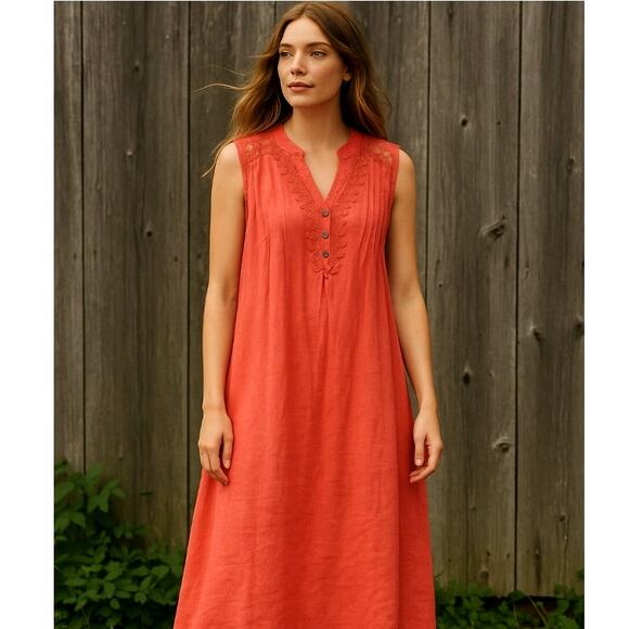 Nordstrom 1X Alessia Pacini 100% Italian Linen Dress Sleeveless Lace Coral Pink - Picture 1 of 7